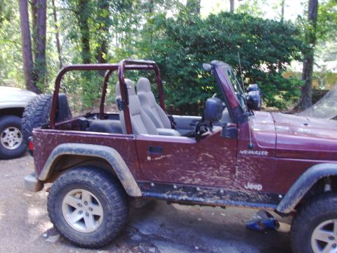 1995 Ford Bronco - A muddy Jeep Wrangler is parked outdoors next to another vehicle, with trees in the background.