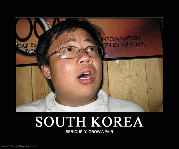 Man with glasses looking up with mouth open, "SOUTH KOREA" text below