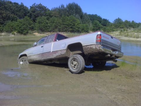 1996 Dodge 1500 - This Dodge pickup is stuck in the mud near a body of water, with trees in the background.