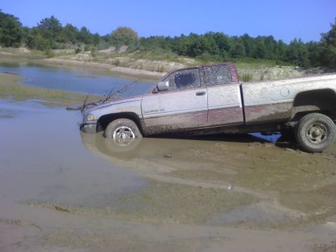 1996 Dodge 1500 - A 1996 Dodge 1500 pickup truck is stuck in a muddy body of water, with trees and a sandy embankment in the background.