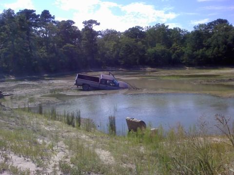 1996 Dodge 1500 - Truck stuck deep in the mud near a body of water with trees lining the shore.