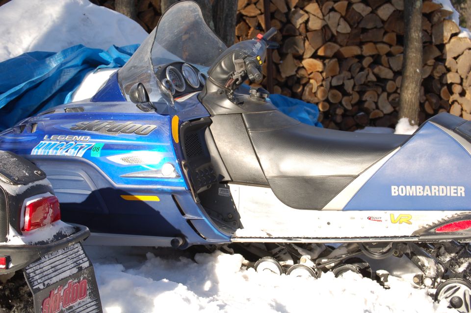 Blue Ski-Doo Legend GT snowmobile by woodpile in snow