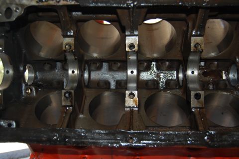 1994 Ford Bronco - Close-up view of an engine block's internal components, showing crankshaft bearings and cylinder bores.