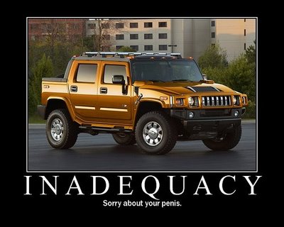 1971 Ford Ranchero - Gold Hummer H2 SUT with text overlay 'INADEQUACY' and 'Sorry about your penis'.