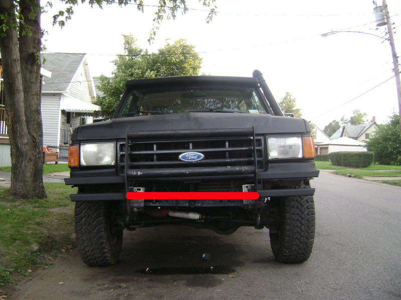 Front view of black 1987 Ford Bronco with bull bar and snorkel