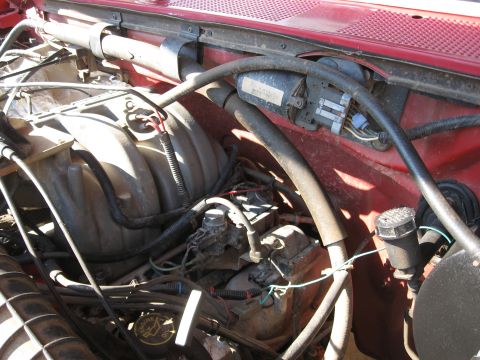 1995 Ford F-150 - Close-up view of a vehicle's engine bay, showing various components and wiring.