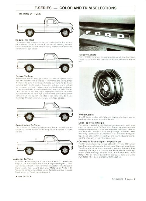 1979 Ford Bronco - Ford F-Series color and trim selections are detailed with diagrams of various truck configurations and options.