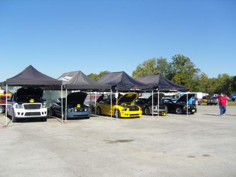 2007 Ford Mustang - Multiple Ford Mustangs are displayed with their hoods open at an outdoor event.