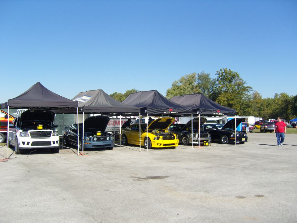 Several Ford Mustangs with hoods open under tents, one yellow, one dark blue, one black