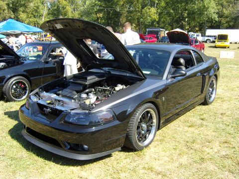 2007 Ford Mustang - A black Ford Mustang is displayed with its hood open at an outdoor car show.