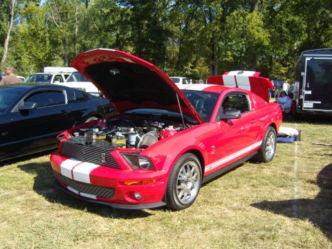 2007 Ford Mustang - A red 2007 Ford Mustang is displayed with its hood and trunk open, alongside another Mustang.