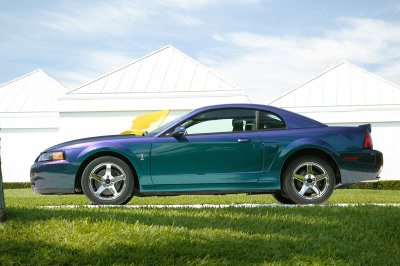 2004 Ford Mustang - A 2004 Ford Mustang coupe with a unique color-shifting paint job is shown from the side.