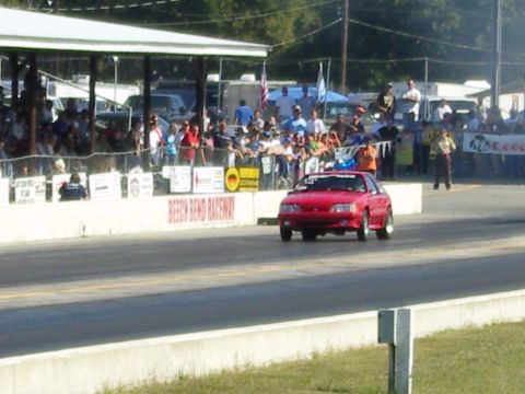2007 Ford Mustang - Red Fox body Mustang drag car competes at Beech Bend Raceway.