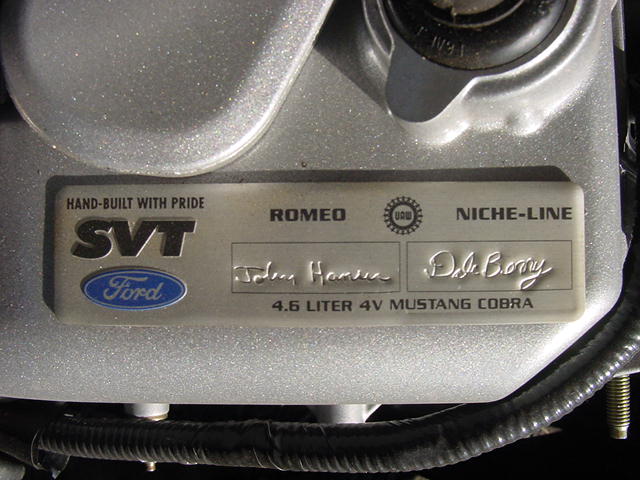 SVT hand-built plaque with signatures on a 4.6L 4V Mustang Cobra engine cover