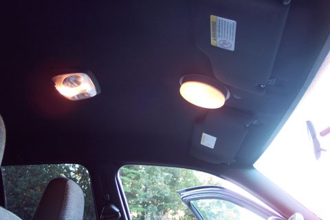 2001 Ford Crown Victoria - Interior view of a car's ceiling, showing dome lights and sun visors, with trees visible through the open door.
