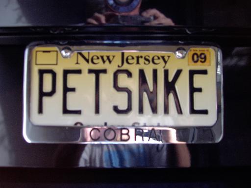 New Jersey license plate reading PETSNKE in a COBRA frame, photographer reflected