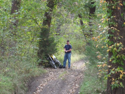 1993 Suzuki RMX250 - A man stands on a dirt path next to a fallen motorcycle in a wooded area.