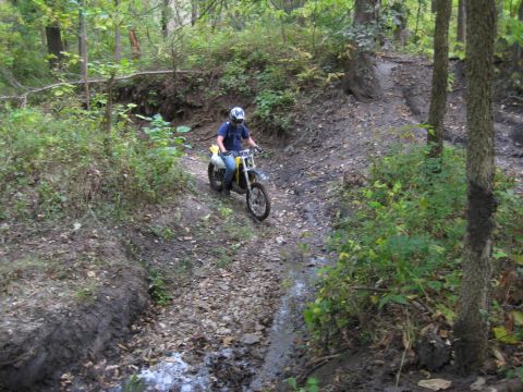 1993 Suzuki RMX250 - A rider on a dirt bike descends a wet, wooded path with trees and foliage on either side.