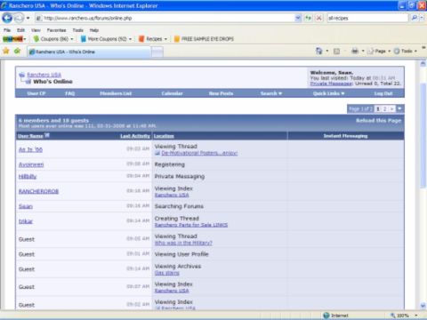 1971 Ford Ranchero - A screenshot shows a web page listing users currently active on the Ranchero USA forum.