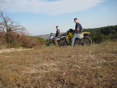 1993 Suzuki RMX250 - Two men and their dirt bikes pause on a grassy hillside under a blue sky.