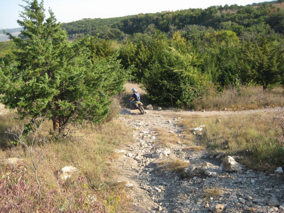 Motorcycle on a rocky dirt path in a wooded area