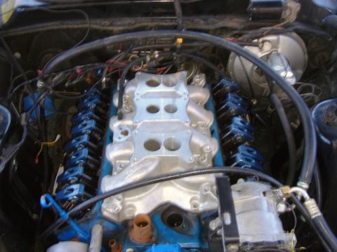 1972 Ford Ranchero - Close-up view of a V8 engine, showing the intake manifold and valve covers.