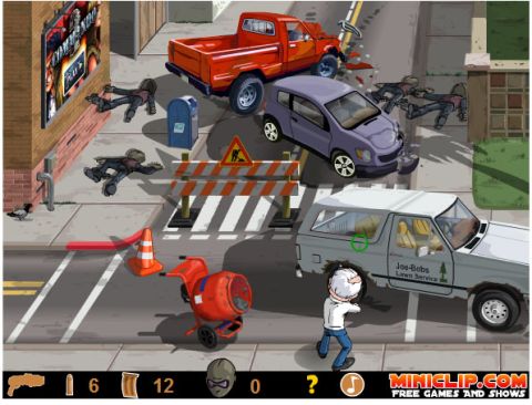 1995 Ford Bronco - A light-colored SUV with lawn service branding is parked on a street with several downed figures.