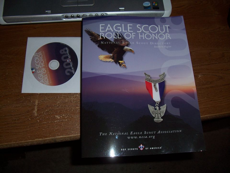 Photo of an Eagle Scout Roll of Honor booklet and CD