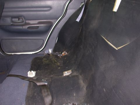 2000 Ford Crown Victoria - Rear interior of a 2000 Ford Crown Victoria, showing the door panel and seatbelt.
