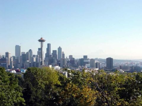 1974 Ford Ranchero - View of the Seattle skyline with the Space Needle prominent, framed by trees.