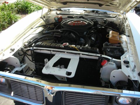 1998 Ford Crown Victoria - The engine bay of a classic car is shown with the hood open, revealing the V8 engine and front grille.