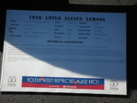 1998 Ford Crown Victoria - Information placard for a 1956 Lotus Eleven Lemans race car, detailing its history and specifications.