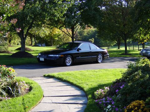 1996 Mercury Grand Marquis - A black coupe is parked on a driveway surrounded by trees and a well-kept lawn.