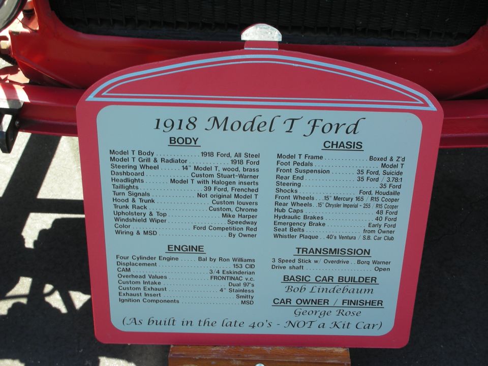 1918 Model T Ford car-show build spec placard: body, engine, chassis, transmission
