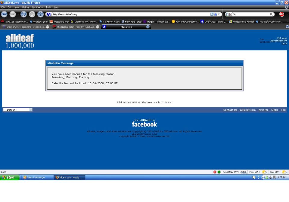 Screenshot of an AllDeaf.com forum ban notice message