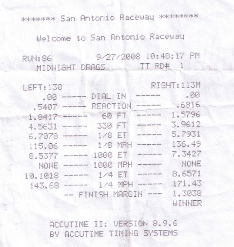 1999 Kawasaki H2C - This document details drag racing results including reaction time, 60 ft, 1/8 mile, and 1/4 mile times.