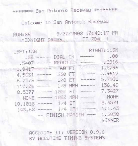 San Antonio Raceway timeslip from 9/27/2008 showing an 8.65-second quarter mile at 171.43 mph