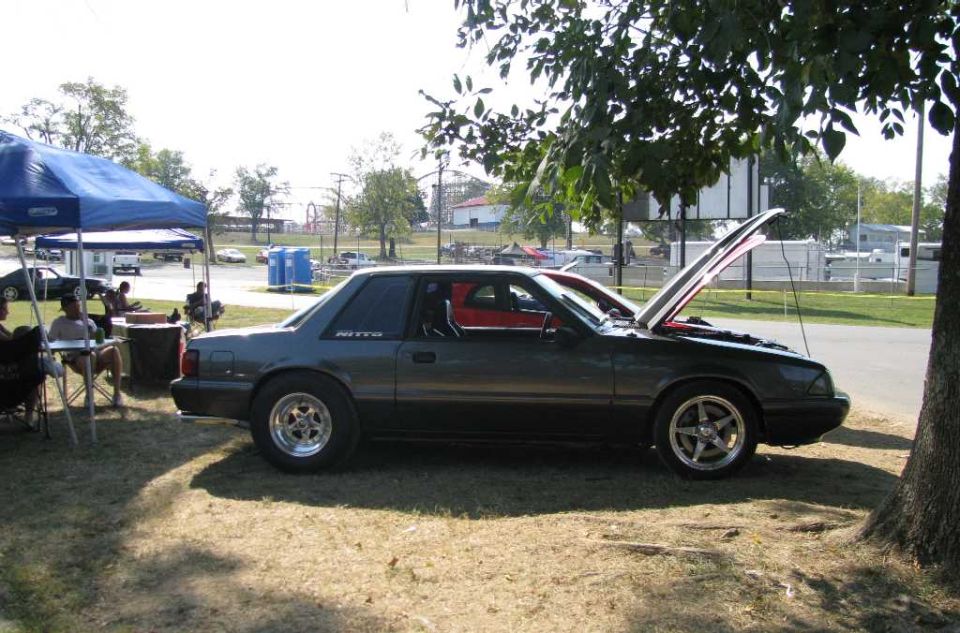 Dark gray Ford Mustang with hood open, parked under a tree. Nitto sticker on the side window