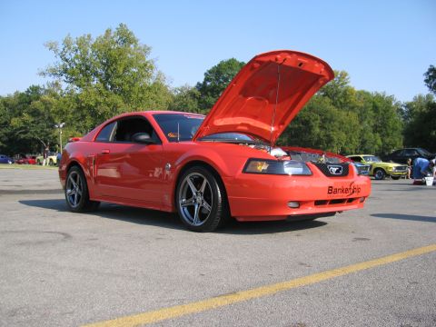 2003 Mercury Marauder - A red 2003 Ford Mustang Cobra is parked with its hood up, showing other vehicles in the background.