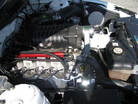 2003 Mercury Marauder - Close-up view of a supercharged engine, black supercharger and red fuel rails. The Supermotors.net logo is visible at the bottom.