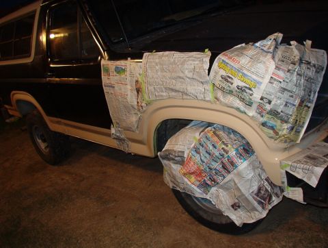 1983 Ford Bronco - The door was easier than I thought, so after supper, I moved the masks to the fender & shot a few quick coats onto it.