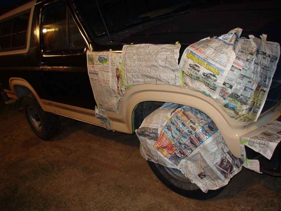 The door was easier than I thought, so after supper, I moved the masks to the fender & shot a few quick coats onto it.