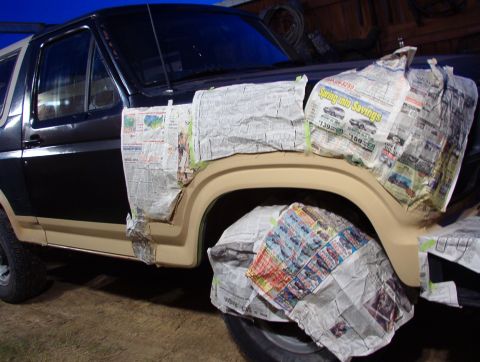 1983 Ford Bronco - The door was easier than I thought, so after supper, I moved the masks to the fender & shot a few quick coats onto it.