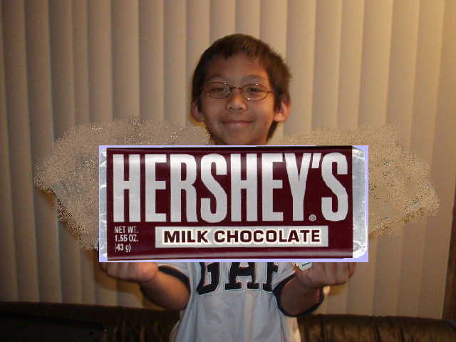 Young boy holds giant Hershey's Milk Chocolate bar