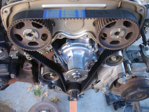 1993 Ford Taurus - Close-up view of an engine's timing belt system, a Goodyear belt and water pump.