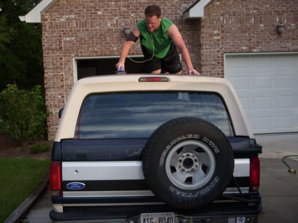 Rear view of a 1993 Ford Bronco with a spare tire mounted on the back