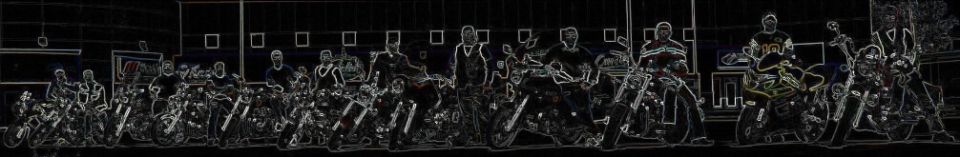Neon-edge stylized photo of a long lineup of motorcycles with riders