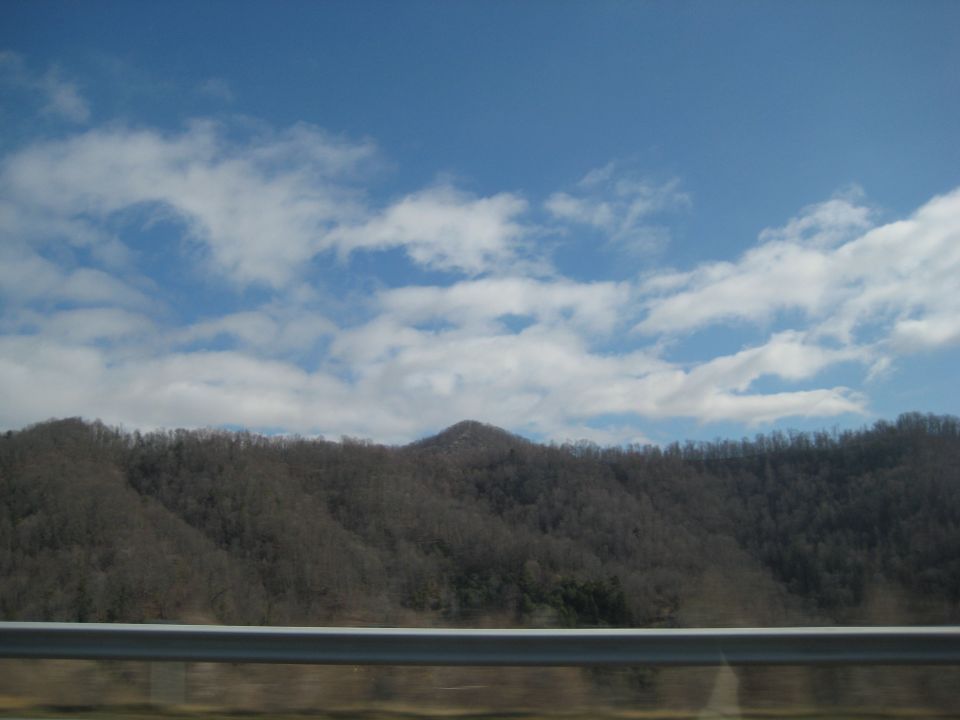 View of a tree-covered mountain range under a blue sky with scattered clouds. A metal guardrail is in the foreground