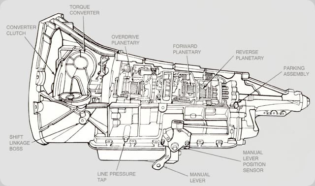 Cutaway diagram of an automatic transmission with labeled internal components