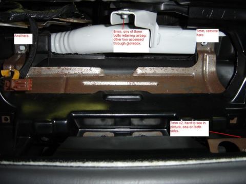 2007 Ford Mustang - Close-up view of car interior components with instructional text overlays.